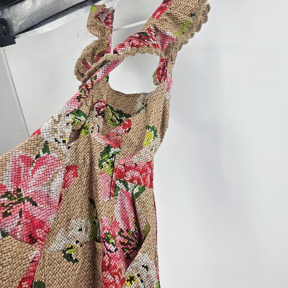 Farm Rio Crossback Linen Romper Brown Floral Ruffle Frilled Tie Waist Size S - Picture 8 of 9